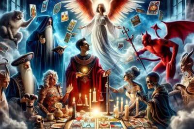 Descubre el Misterio de los Arcanos Mayores en el Tarot 2 Cartas del tarot con la representación de cada una de fondo, protagonizados por Arcanos Mayores.