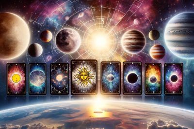 Arcanos Mayores y los Planetas: Un Vínculo Profundo en el Tarot y la Astrología 62 Cartas del tarot de Arcanos Mayores con planetas de fondo.