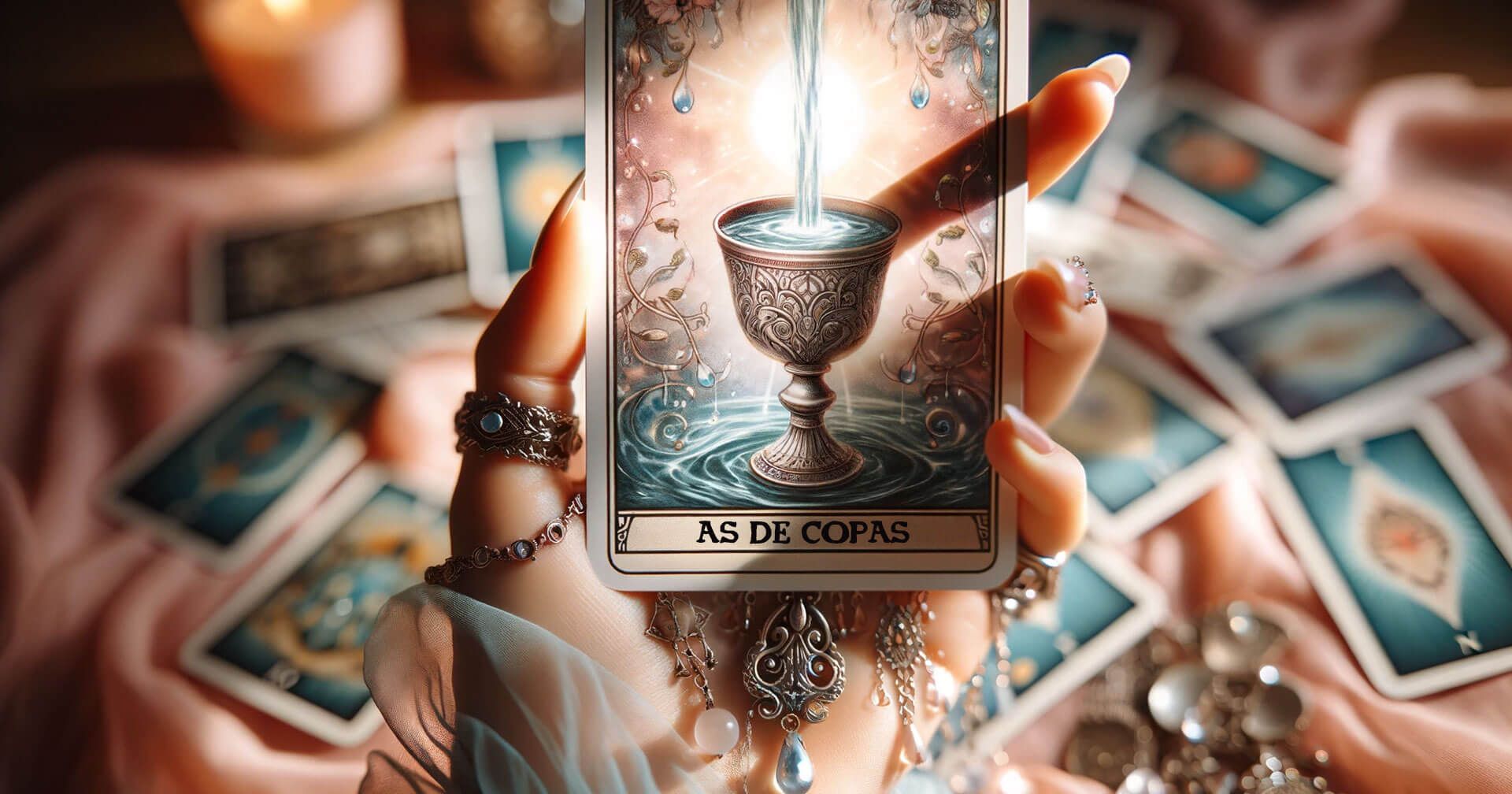 Descubre el Profundo Significado del As de Copas en el Tarot 1 Una mujer sosteniendo en su mano la carta del tarot As de Copas.
