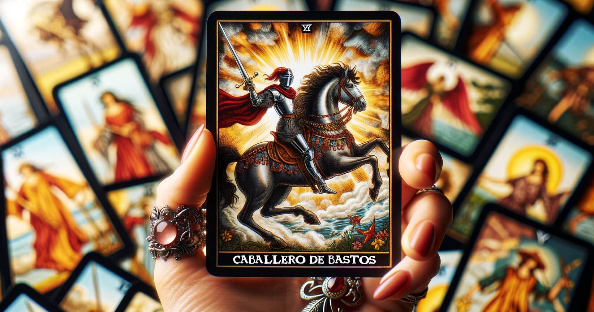 Descubriendo el Caballero de Bastos: Significado y Simbolismo en el Tarot 68 Una persona sosteniendo una carta del tarot con el Caballero de Bastos delante.