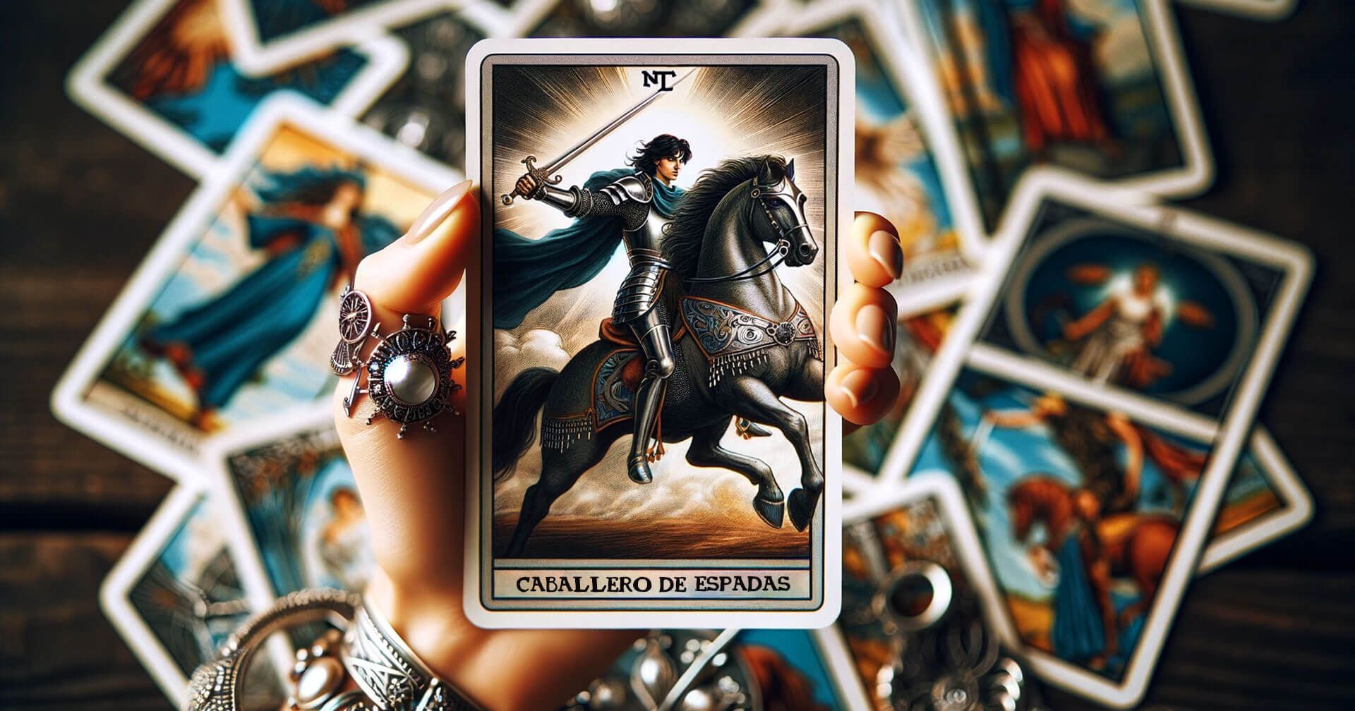 Descifrando el Caballero de Espadas: Significados y Simbolismo en el Tarot 1 Una mano sosteniendo una carta del tarot con el Caballero de Espadas.