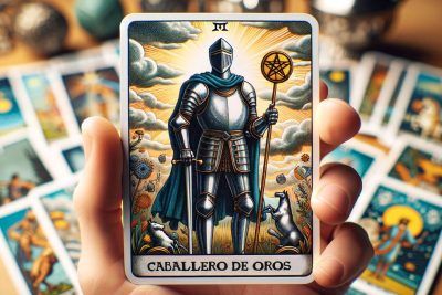Descifrando el Caballero de Oros: Significados y Simbolismos en el Tarot 21 Una mano sosteniendo una carta del Tarot con la imagen de un caballero, específicamente el Caballero de Oros.