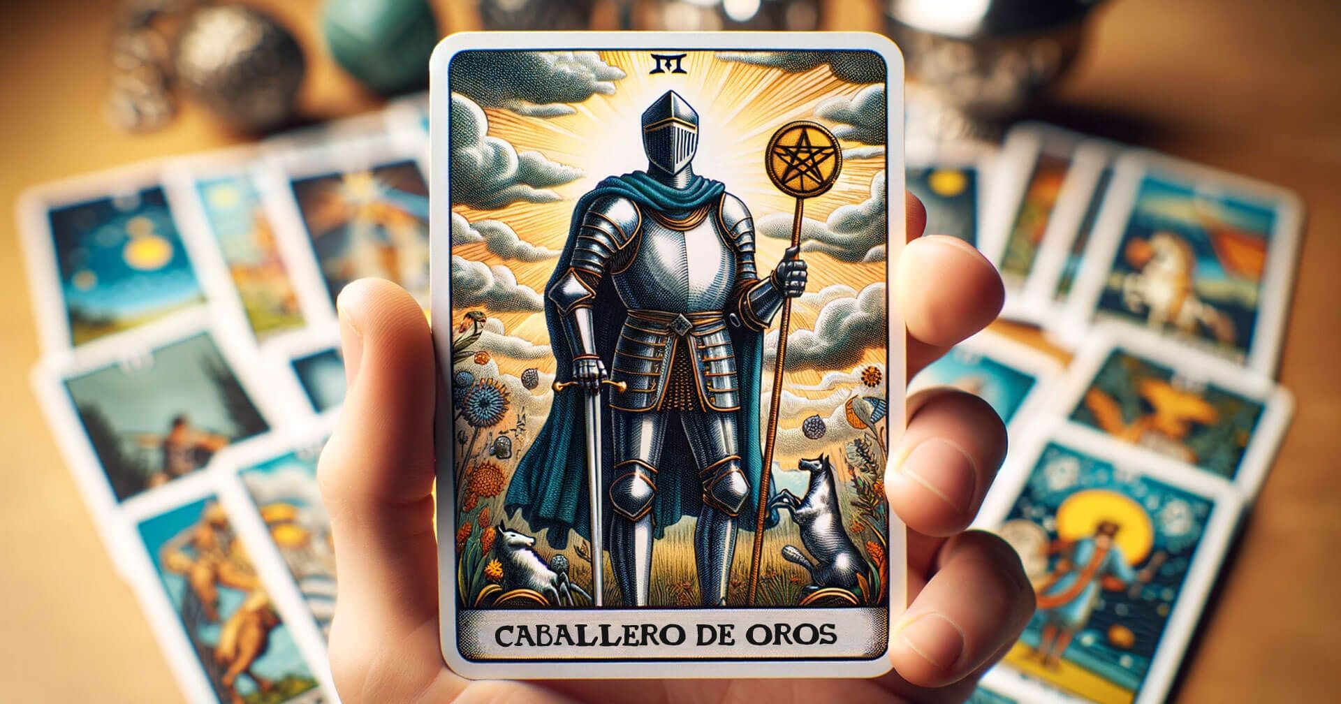 Descifrando el Caballero de Oros: Significados y Simbolismos en el Tarot 1 Una mano sosteniendo una carta del Tarot con la imagen de un caballero, específicamente el Caballero de Oros.