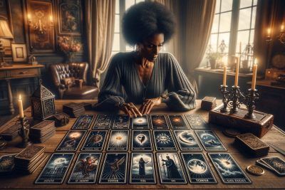 Combinaciones Rider-Waite: Significados y Secretos del Tarot Especializado 26 Imagen sofisticada y perspicaz que representa el arte de combinar las cartas del tarot Rider-Waite. La escena incluye a una lectora de tarot, una mujer negra de mediana edad, profundamente concentrada en interpretar un complejo diseño de cartas. Las cartas están dispuestas en una distribución intrincada sobre una elegante mesa de madera, destacando combinaciones clave como El Sol y La Luna, El Diablo y Los Enamorados, y La Torre y La Estrella. Cada emparejamiento de cartas se muestra con su imaginería detallada y conexiones simbólicas, enfatizando la profundidad y sutileza de las lecturas de tarot. El fondo es una habitación serena y tenue con decoración vintage, creando una atmósfera de misticismo y conocimiento. Esta imagen debe ser realista y provocadora de pensamientos, atractiva para aquellos interesados en las sutilezas de las combinaciones de cartas de tarot.