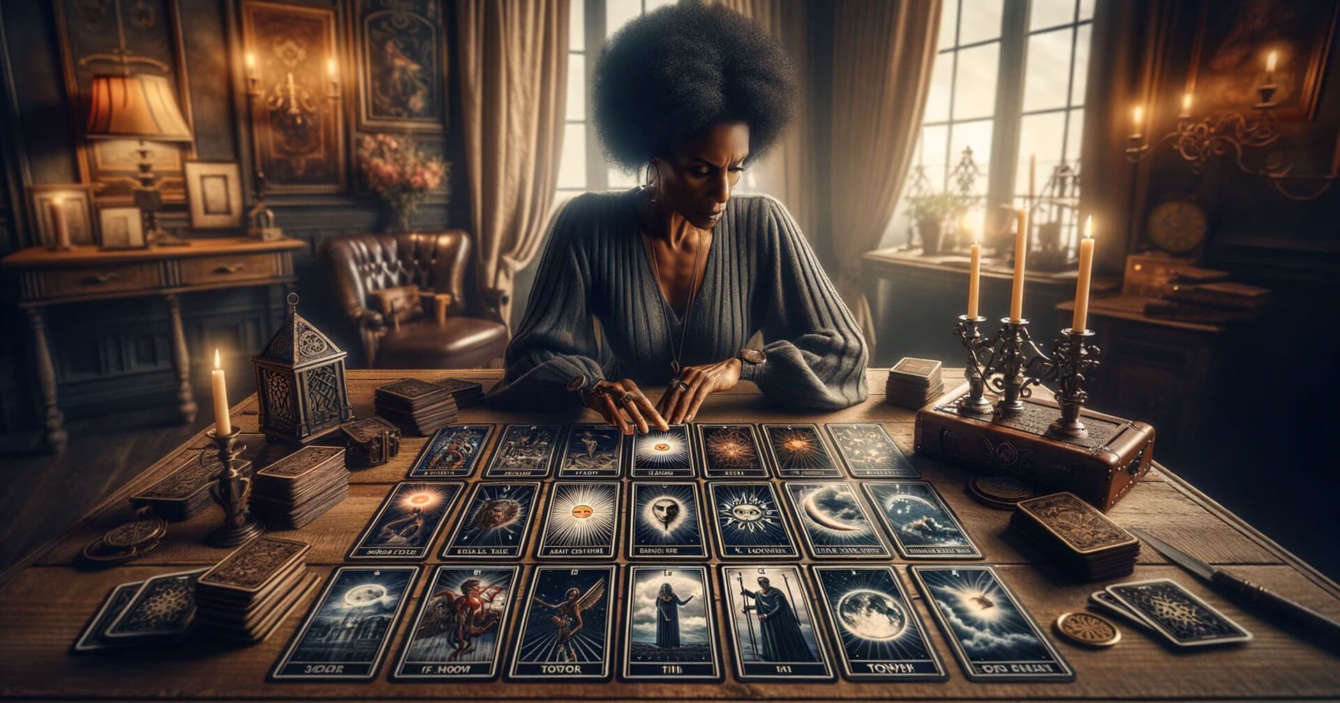 Combinaciones Rider-Waite: Significados y Secretos del Tarot Especializado 1 Imagen sofisticada y perspicaz que representa el arte de combinar las cartas del tarot Rider-Waite. La escena incluye a una lectora de tarot, una mujer negra de mediana edad, profundamente concentrada en interpretar un complejo diseño de cartas. Las cartas están dispuestas en una distribución intrincada sobre una elegante mesa de madera, destacando combinaciones clave como El Sol y La Luna, El Diablo y Los Enamorados, y La Torre y La Estrella. Cada emparejamiento de cartas se muestra con su imaginería detallada y conexiones simbólicas, enfatizando la profundidad y sutileza de las lecturas de tarot. El fondo es una habitación serena y tenue con decoración vintage, creando una atmósfera de misticismo y conocimiento. Esta imagen debe ser realista y provocadora de pensamientos, atractiva para aquellos interesados en las sutilezas de las combinaciones de cartas de tarot.