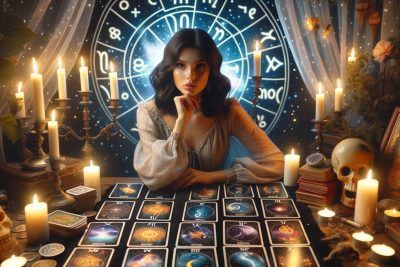 Conexiones entre Tarot y signos zodiacales: Descubre la magia de la astrología 64 Una mujer sentada en una mesa con velas y cartas del tarot, interpretando los signos zodiacales.
