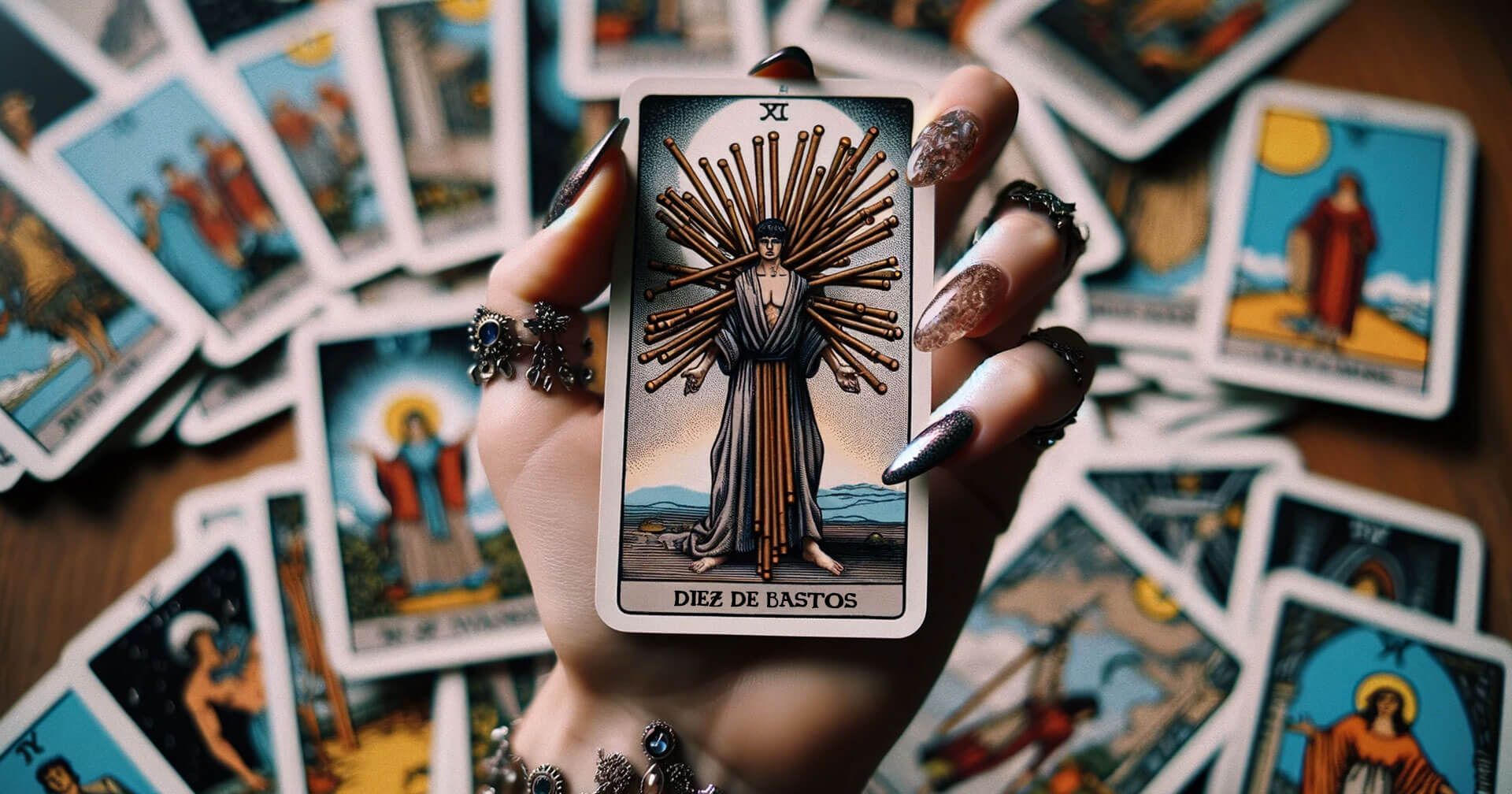 Interpretación detallada del Diez de Bastos en el Tarot 1 Una mano sosteniendo una carta del tarot de Diez de Bastos de una baraja.