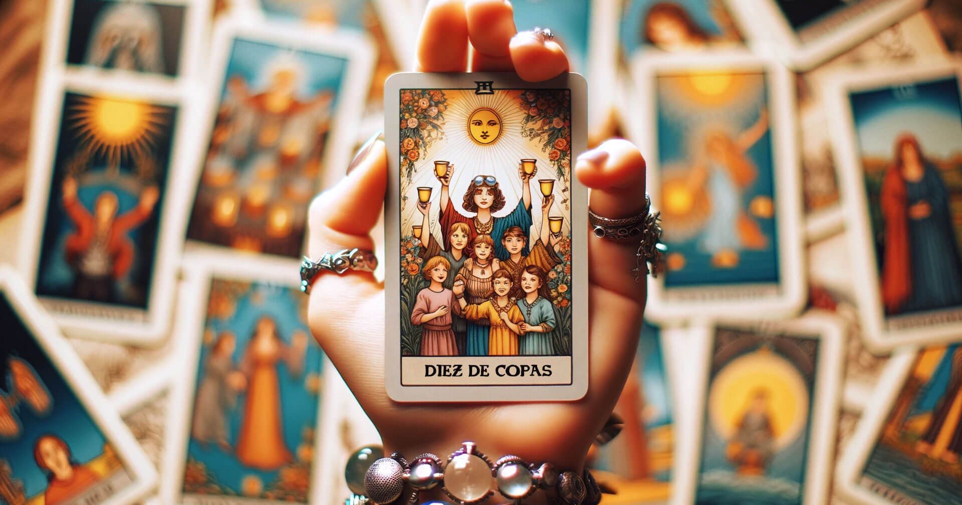 Descubre el Poder y Significado del Diez de Copas en el Tarot 1 Una mano sosteniendo una carta del tarot Diez de Copas frente a un grupo de cartas.