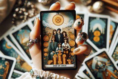 Descifrando el Diez de Oros: Significados y Simbolismos en el Tarot 23 Una carta del Tarot, específicamente el Diez de Oros, se sostiene con una mano y se coloca frente a una pila de cartas.