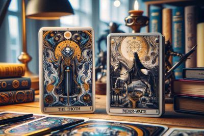 Diferencias Entre Tarot Thoth y Rider-Waite: Cuál Elegir 30 Cartas del Tarot en una mesa junto a libros que muestran las diferencias entre las barajas Tarot Thoth y Rider-Waite.