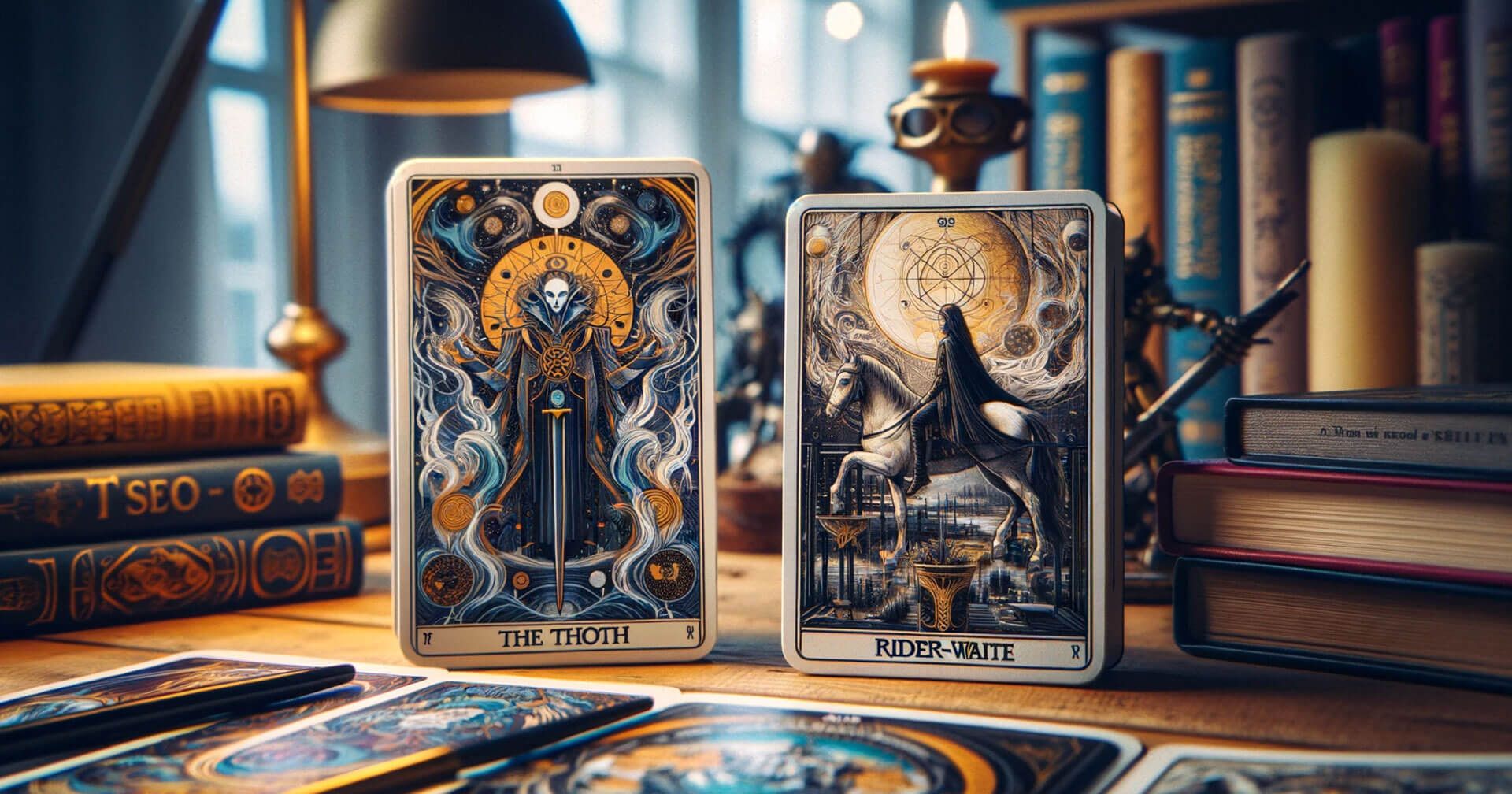 Diferencias Entre Tarot Thoth y Rider-Waite: Cuál Elegir 1 Cartas del Tarot en una mesa junto a libros que muestran las diferencias entre las barajas Tarot Thoth y Rider-Waite.