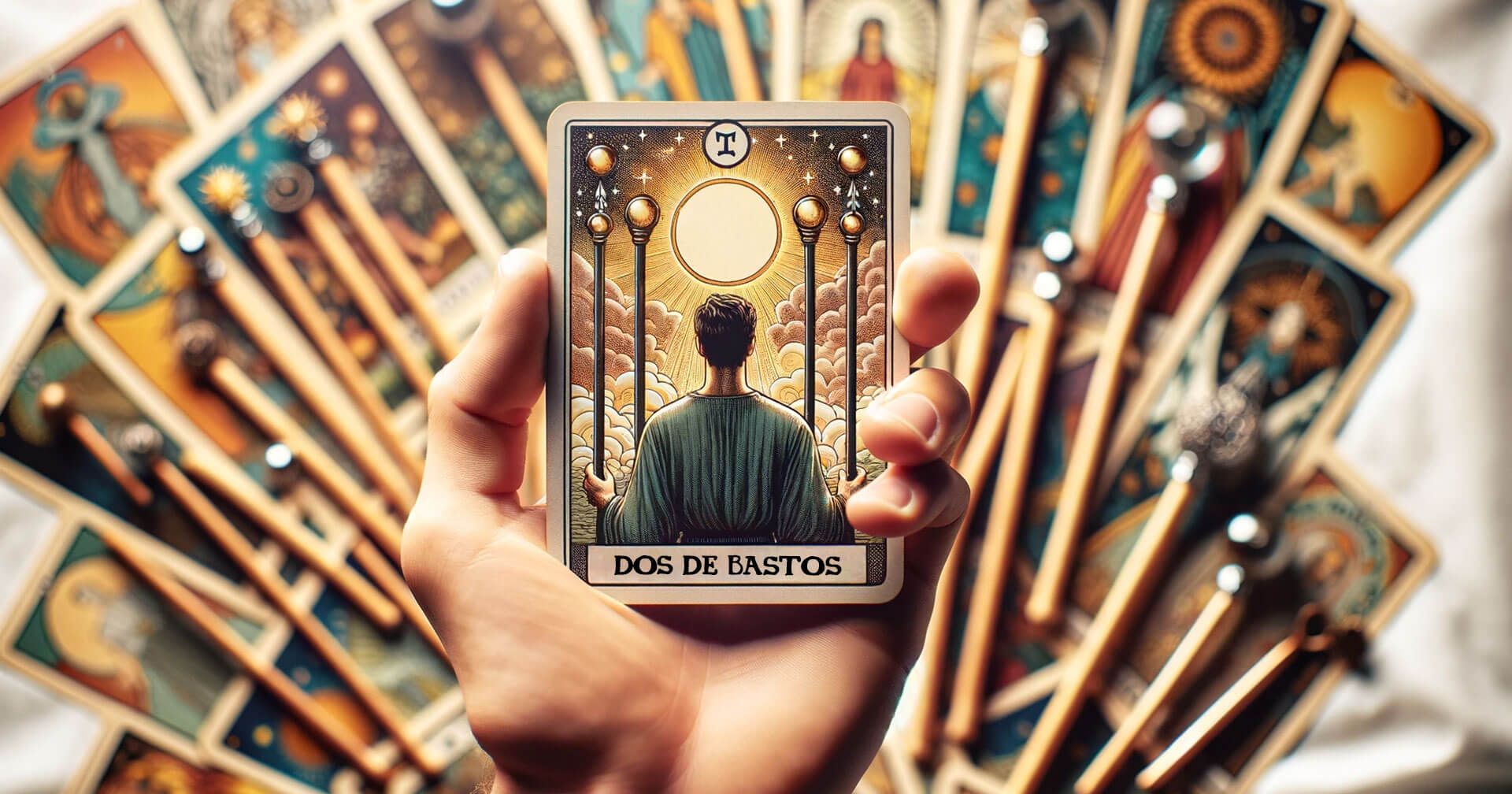 Explorando el Misterio del Dos de Bastos: Significados y Simbolismo en el Tarot 1 Una mano que sostiene con gracia una baraja de cartas del tarot, con el Dos de Bastos en un lugar destacado.