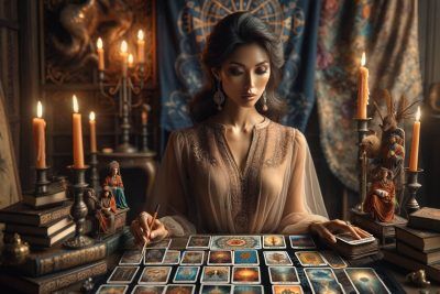 Historia del Tarot Rider-Waite: Origen y Significado 25 Imagen imaginativa y evocadora que muestra una sesión de lectura de tarot con la baraja Rider-Waite. La escena presenta a una lectora de tarot experimentada, una mujer del sur de Asia en sus treintas, elegantemente vestida y concentrada en una lectura. Está rodeada por una variedad de cartas de tarot del mazo Rider-Waite, cada una mostrando una imaginería rica y simbólica. El foco está en una disposición especial que está interpretando, con cartas como El Ermitaño, El Carro y El Hierofante prominentemente mostradas. El entorno es una habitación mística, suavemente iluminada con velas y adornada con símbolos y tapices místicos. Esta imagen debe ser realista e inspiradora, atrayendo a los espectadores al mundo del tarot y las historias únicas que cada carta cuenta.