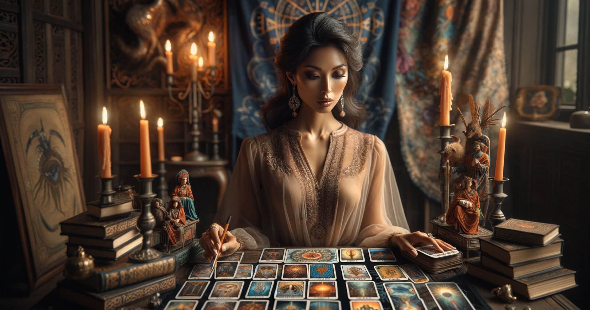 Historia del Tarot Rider-Waite: Origen y Significado 1 Imagen imaginativa y evocadora que muestra una sesión de lectura de tarot con la baraja Rider-Waite. La escena presenta a una lectora de tarot experimentada, una mujer del sur de Asia en sus treintas, elegantemente vestida y concentrada en una lectura. Está rodeada por una variedad de cartas de tarot del mazo Rider-Waite, cada una mostrando una imaginería rica y simbólica. El foco está en una disposición especial que está interpretando, con cartas como El Ermitaño, El Carro y El Hierofante prominentemente mostradas. El entorno es una habitación mística, suavemente iluminada con velas y adornada con símbolos y tapices místicos. Esta imagen debe ser realista e inspiradora, atrayendo a los espectadores al mundo del tarot y las historias únicas que cada carta cuenta.