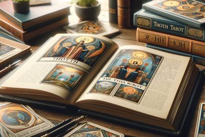 Historia del Tarot Thoth: Orígenes, Significados y Aleister Crowley 34 Un libro abierto adornado con cartas del tarot que muestran la rica historia del Tarot Thoth.