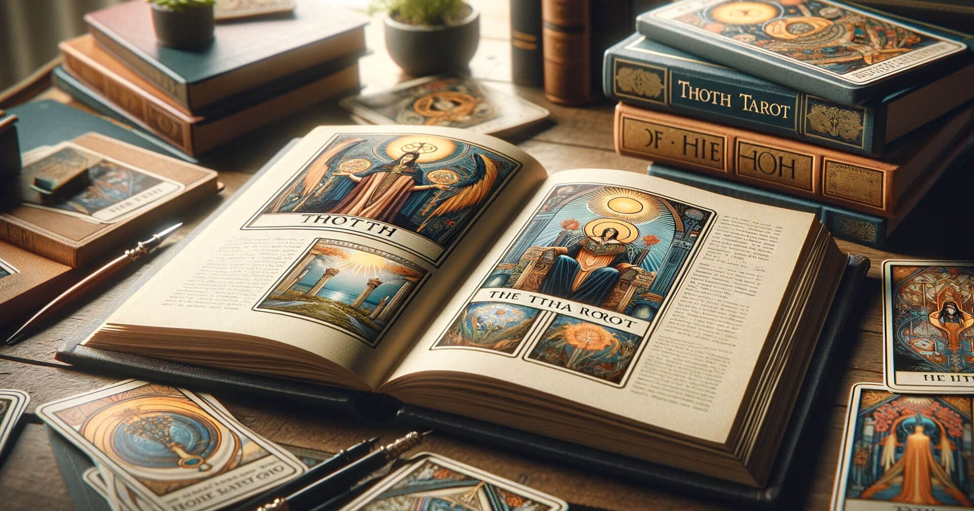 Historia del Tarot Thoth: Orígenes, Significados y Aleister Crowley 1 Un libro abierto adornado con cartas del tarot que muestran la rica historia del Tarot Thoth.