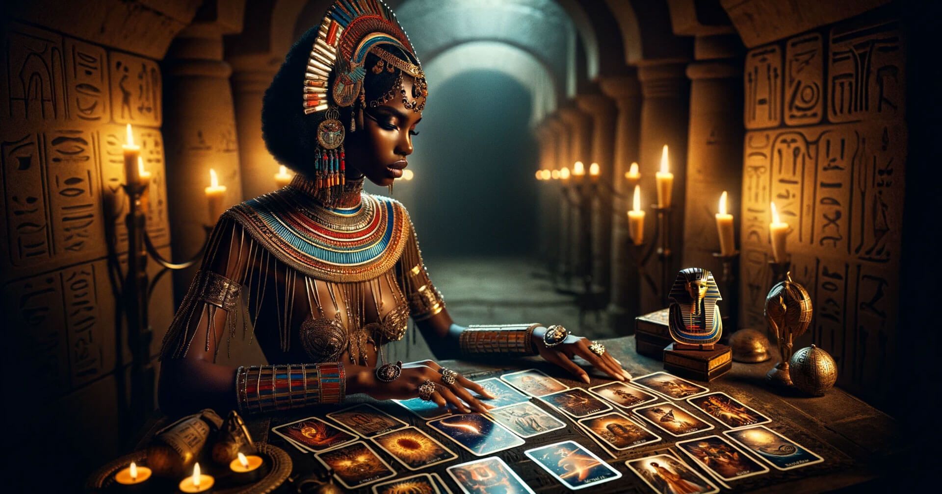 Las Influencias Egipcias en el Tarot: Un Misterio Descifrado 1 Una mujer egipcia está realizando el tarot en una habitación oscura.