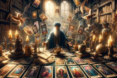 Guía Completa de Interpretación de Arcanos Mayores en el Tarot 57 Un hombre inmerso en la Interpretación de Arcanos Mayores, sentado en una mesa con las cartas del tarot delante.