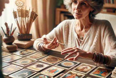 Lectura de Tarot Thoth: Significados y Métodos Explicados 33 Una mujer está dando una explicada de la Lectura Tarot Thoth a una mujer mayor.