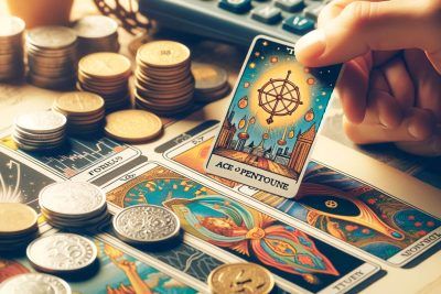 Tarot para Decisiones Financieras: Guía Completa 53 Una persona que realiza lecturas de tarot financiero, con cartas de tarot y monedas sobre una mesa.