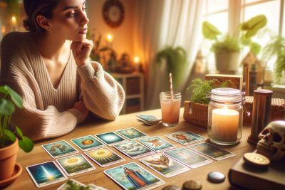 El Tarot y la Salud: Descubre los Secretos de las Lecturas 55 Una mujer está sentada en una mesa con cartas del tarot frente a ella, realizando lecturas de salud.