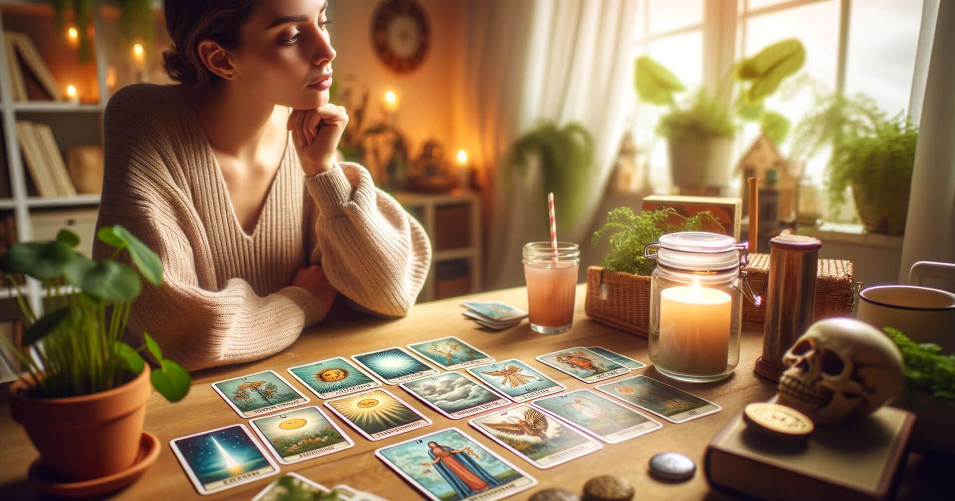 El Tarot y la Salud: Descubre los Secretos de las Lecturas 1 Una mujer está sentada en una mesa con cartas del tarot frente a ella, realizando lecturas de salud.
