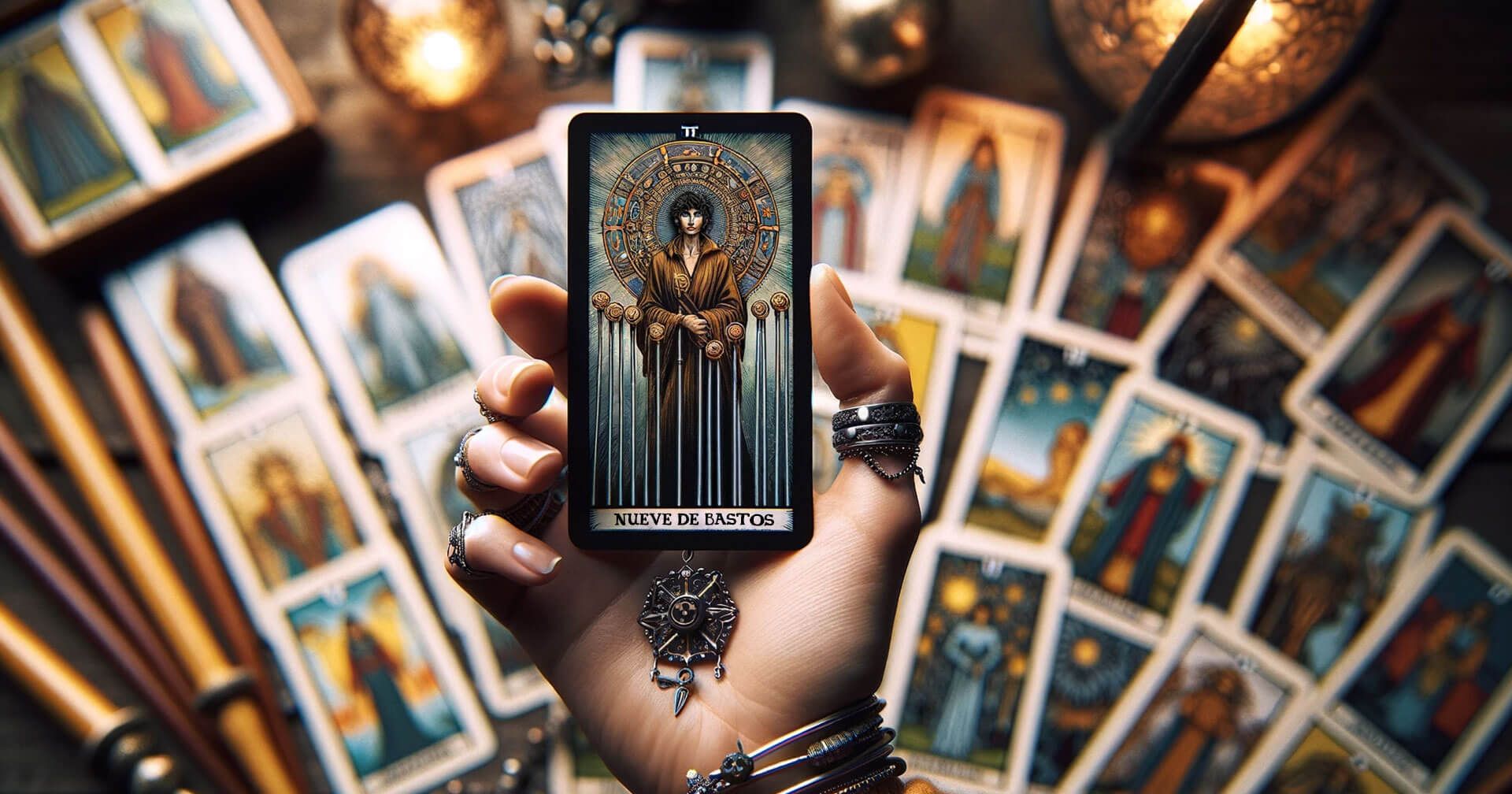 Descifrando el Nueve de Bastos en el Tarot: Significado y Simbolismo 1 Una mano sosteniendo una la carta del tarot Nueve de Bastos.