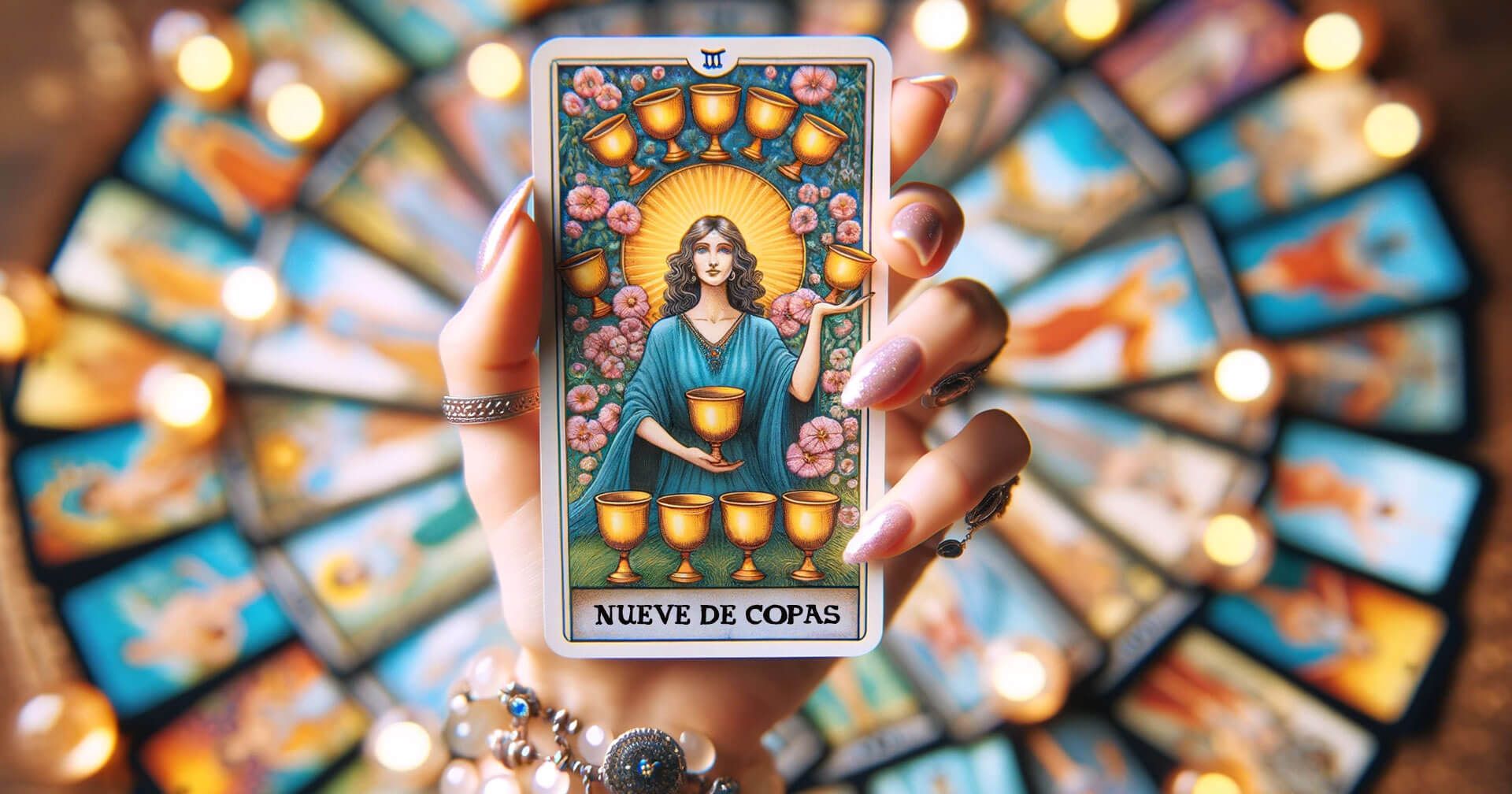 Descifrando el Nueve de Copas en el Tarot: Significados y Simbolismo 1 Una mujer sosteniendo una carta del Tarot Nueve de Copas.
