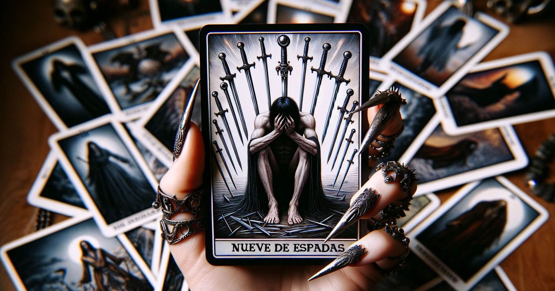 Descifrando el Nueve de Espadas Tarot: Significados y Simbolismo 1 Una mano sosteniendo una baraja de cartas del tarot con la carta Nueve de Espadas.