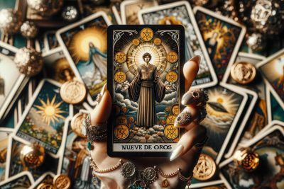 Descubriendo el Nueve de Oros en el Tarot: Significados y Revelaciones 24 Una mano sosteniendo una baraja de cartas del Tarot con la Nueve de Oros.