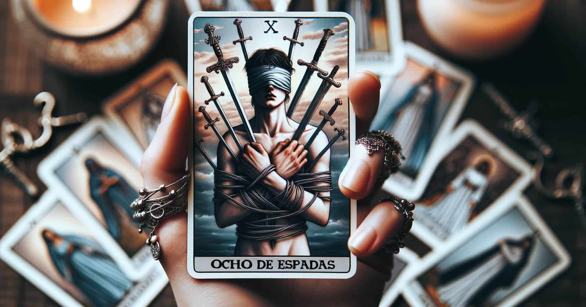 Descifrando el Ocho de Espadas en el Tarot: Significados y Simbolismo 1 Una persona sosteniendo la carta del tarot Ocho de Espadas frente a velas.