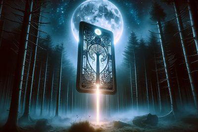 Bastos en el Tarot: Explorando su Profundo Significado y Simbolismo 17 Una imagen de una carta de Tarot en el bosque con la luna llena de fondo, que representa al palo de Bastos en el Tarot.