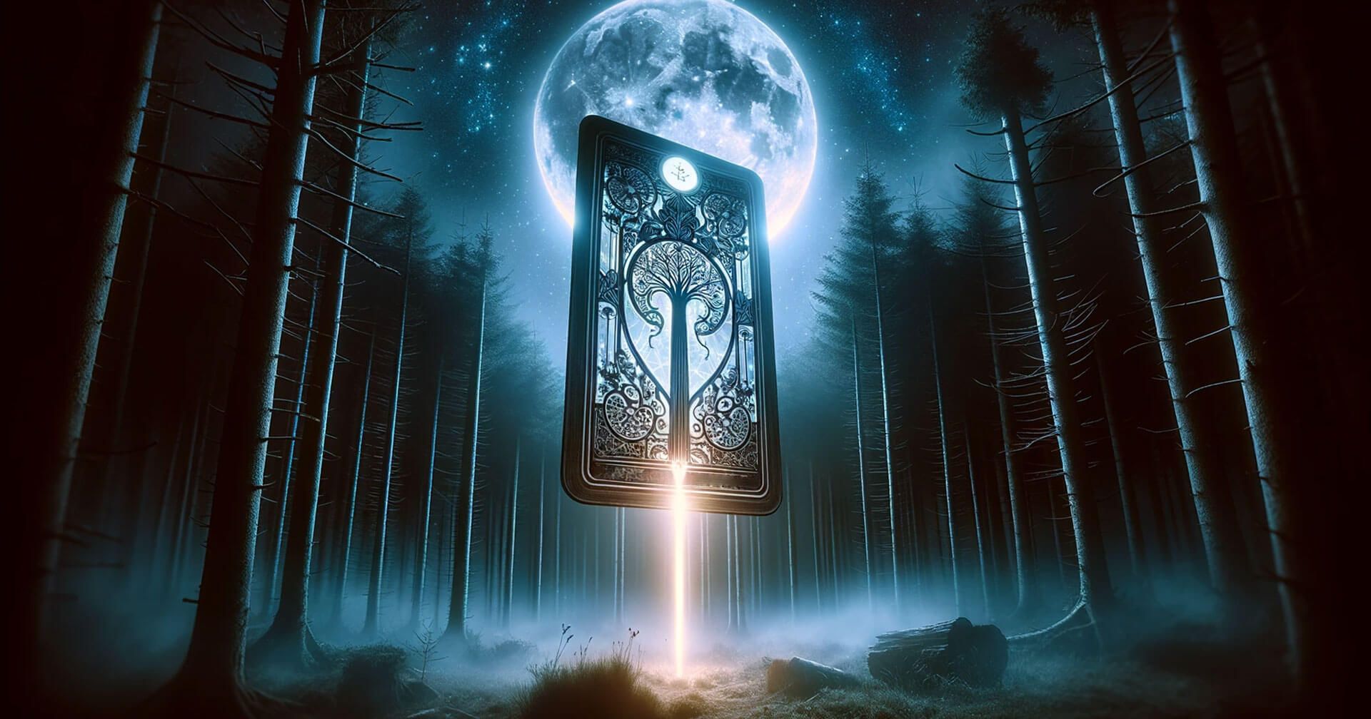 Bastos en el Tarot: Explorando su Profundo Significado y Simbolismo 1 Una imagen de una carta de Tarot en el bosque con la luna llena de fondo, que representa al palo de Bastos en el Tarot.