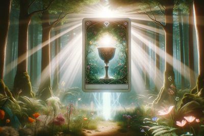 Descubriendo el Palo de Copas en el Tarot: Emociones y Relaciones Profundas 18 Una imagen de una carta del tarot del Palo de Copas en un bosque.