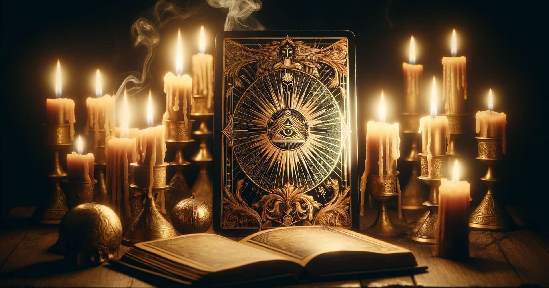 Descifrando Oros en el Tarot: Significado y Materialidad 1 Una carta del Palo de Oros en el Tarot con velas y un libro abierto.