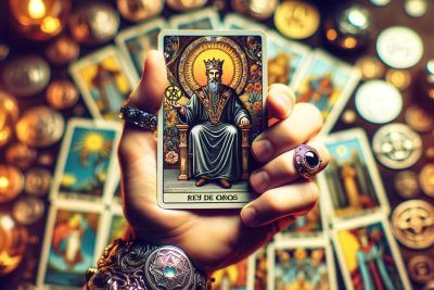 Descubriendo el Rey de Oros: Significados y Simbolismos en el Tarot 19 Una mano sosteniendo una carta del tarot Rey de Oros frente a velas.