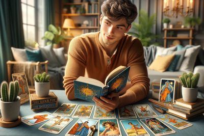 Guía Completa del Tarot Rider-Waite para Principiantes: Significados y Lecturas 27 Imagen acogedora y amigable para principiantes que muestra la baraja de tarot Rider-Waite, ideal para aquellos nuevos en la lectura del tarot. La escena incluye a un joven entusiasta, un hombre caucásico en sus veintes, sentado en una mesa con la baraja Rider-Waite extendida frente a él. Él está mirando un libro guía, que está abierto en una página que explica los significados de las cartas. Las cartas prominentes en la mesa son El Loco, Los Enamorados y La Estrella, cada una detallada y representativa de la imaginería icónica de la baraja. El entorno es una habitación acogedora y bien iluminada con plantas y mobiliario cómodo, creando una atmósfera relajada e invitante. Esta imagen debe ser realista y transmitir una sensación de facilidad e intriga, atractiva para los recién llegados interesados en aprender sobre el tarot Rider-Waite.