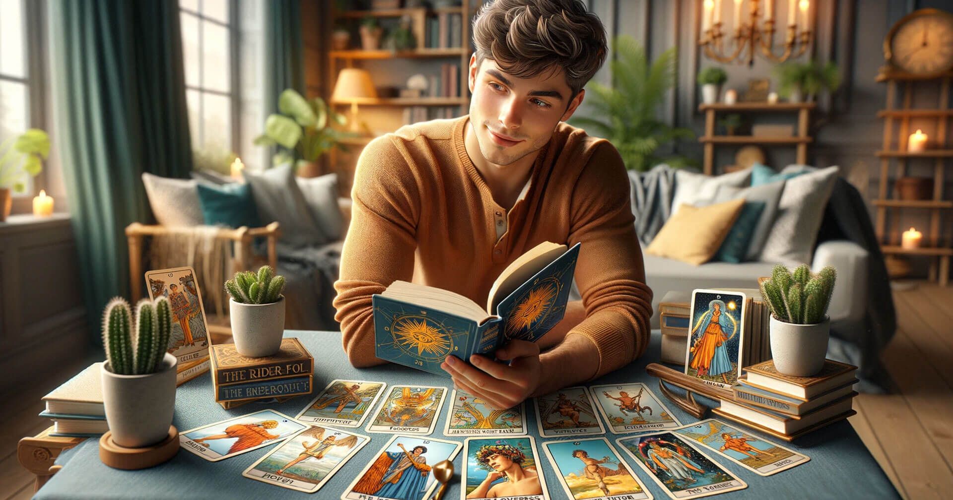 Guía Completa del Tarot Rider-Waite para Principiantes: Significados y Lecturas 1 Imagen acogedora y amigable para principiantes que muestra la baraja de tarot Rider-Waite, ideal para aquellos nuevos en la lectura del tarot. La escena incluye a un joven entusiasta, un hombre caucásico en sus veintes, sentado en una mesa con la baraja Rider-Waite extendida frente a él. Él está mirando un libro guía, que está abierto en una página que explica los significados de las cartas. Las cartas prominentes en la mesa son El Loco, Los Enamorados y La Estrella, cada una detallada y representativa de la imaginería icónica de la baraja. El entorno es una habitación acogedora y bien iluminada con plantas y mobiliario cómodo, creando una atmósfera relajada e invitante. Esta imagen debe ser realista y transmitir una sensación de facilidad e intriga, atractiva para los recién llegados interesados en aprender sobre el tarot Rider-Waite.
