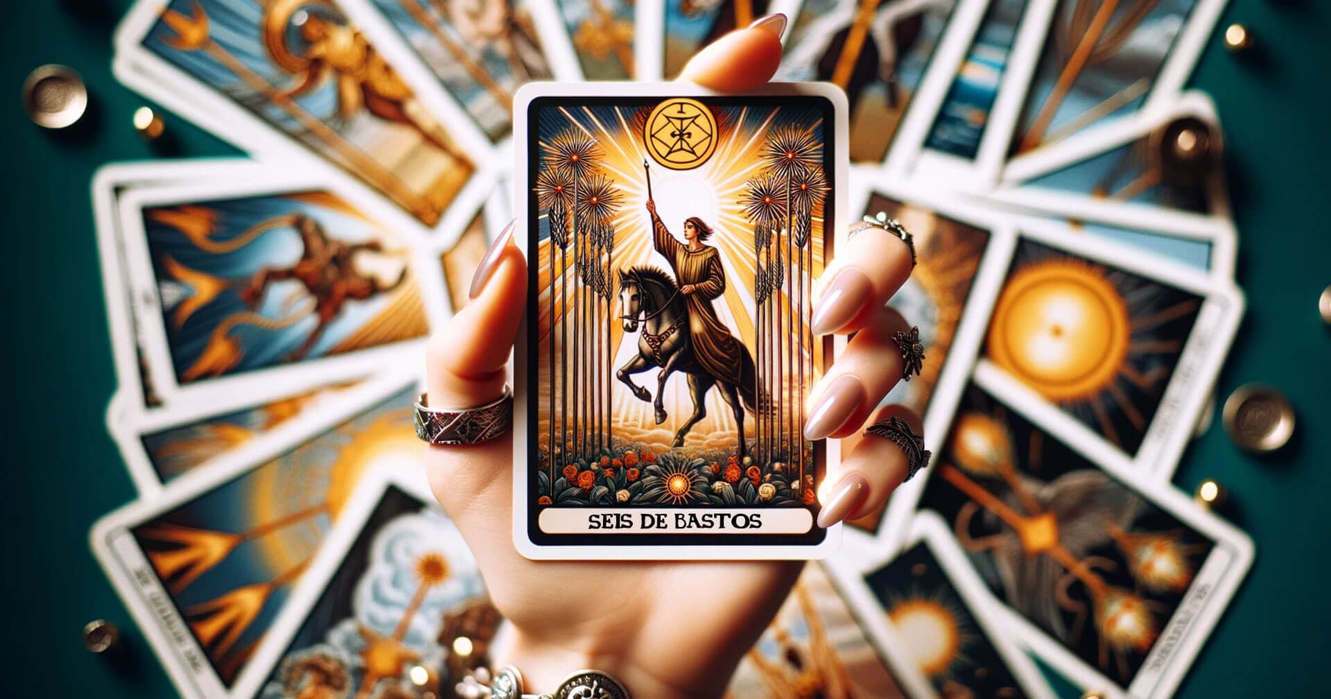 Descubre el Significado del Seis de Bastos en el Tarot 29 Una mano sosteniendo un teléfono que muestra la carta del tarot Siete de Bastos.