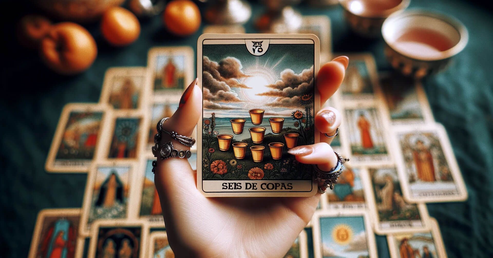 Interpretando el Seis de Copas en el Tarot: Significados y Simbolismos 1 Una mano sosteniendo la carta del tarot Seis de Copas frente a una mesa.