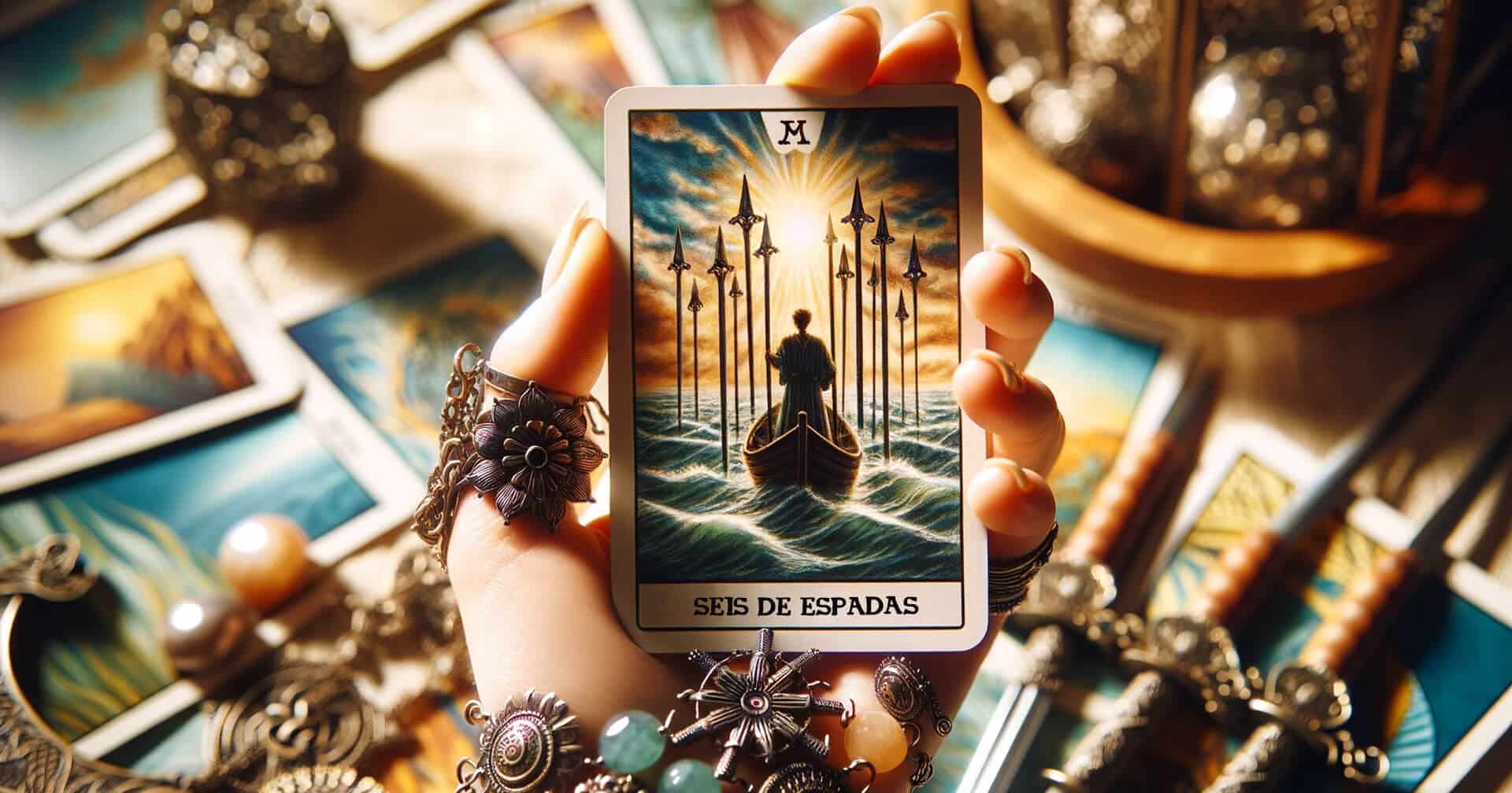 El Seis de Espadas en Tarot: Interpretaciones y Simbolismo Revelado 1 Una mano sosteniendo la carta del tarot Seis de Espadas frente a otros objetos.