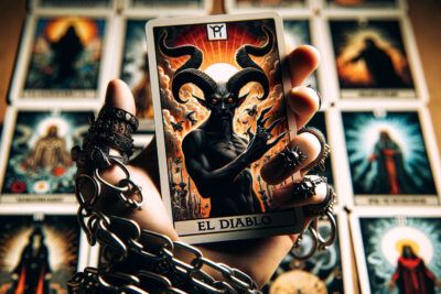 Desvelando los Misterios de El Diablo en el Tarot: Significado y Simbolismo 11 Una mano sosteniendo una carta del tarot de El Diablo.