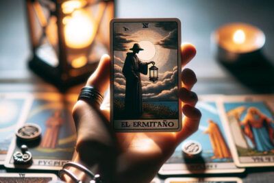 La Sabiduría Oculta de El Ermitaño en el Tarot: Un Viaje de Descubrimiento 9 Carta del tarot El Ermitaño sostenida frente a una vela.
