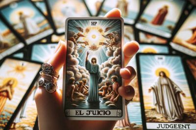Revelaciones y Transformación: El Juicio en el Tarot y su Profundo Significado 3 Una mano mística mostrando la carta del tarot de "El Juicio".