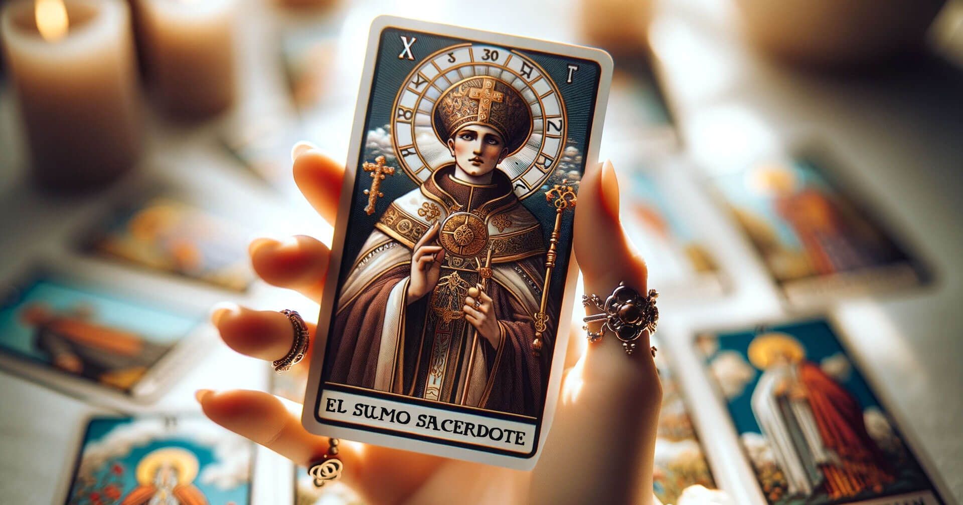 Interpretando la Sabiduría de El Sumo Sacerdote en el Tarot: Significados y Guía 1 Una mano sosteniendo la carta del tarot El Sumo Sacerdote frente a velas.