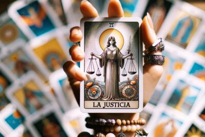 Equilibrio y Armonía: Desentrañando La Justicia en el Tarot 10 Una mujer sosteniendo en su mano la carta del tarot de La Justicia.