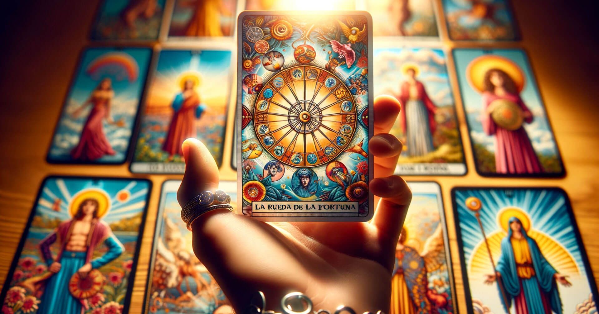 Girando con La Rueda de la Fortuna en el Tarot: Descifrando su Significado 1 Una mano sosteniendo una baraja de cartas del tarot La Rueda de la Fortuna.