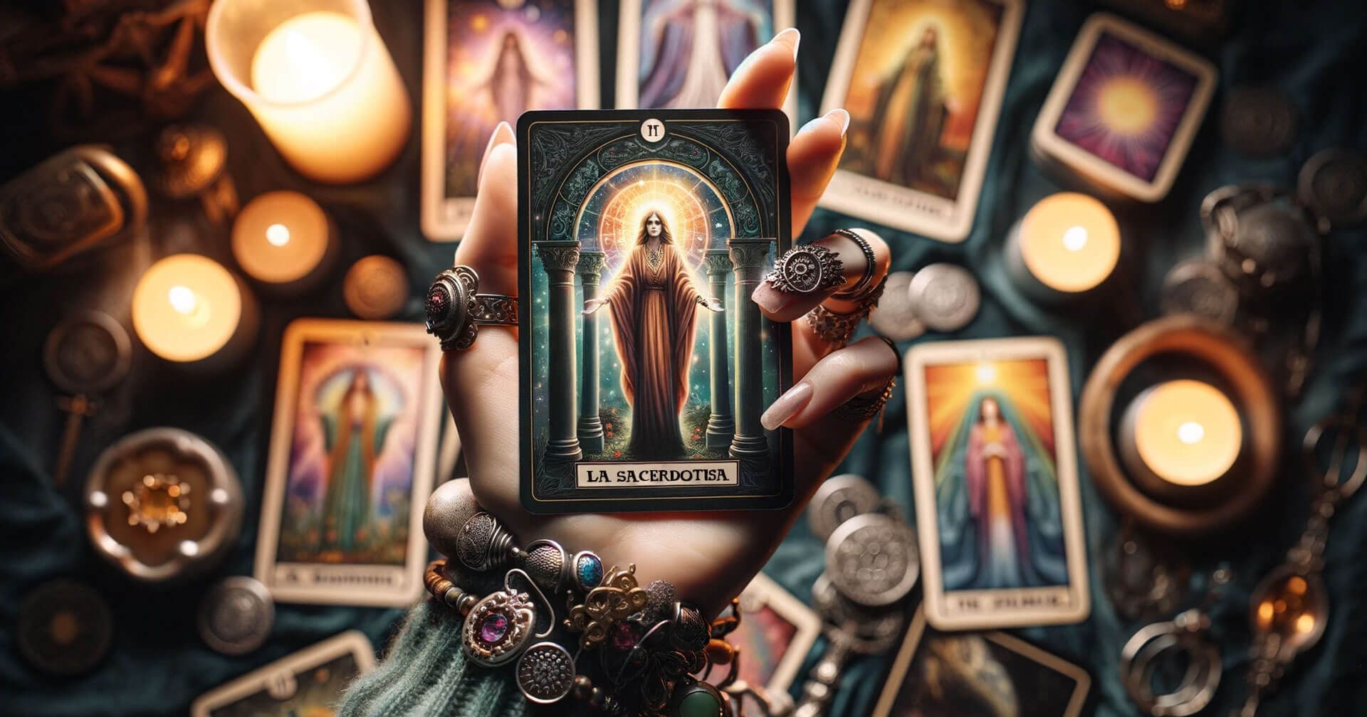 Descifrando los Secretos de La Sacerdotisa en el Tarot: Significados y Profundidad 1 A La Sacerdotisa está sentada frente a unas velas, luciendo un vestido blanco.
