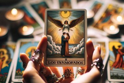 Los Enamorados en el Tarot: Descifrando sus Significados y Simbolismo 5 Una persona sosteniendo una carta del tarot de Los Enamorados frente a velas.