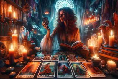 Significados de las Cartas Rider-Waite: Guía Completa del Tarot 28 Imagen mística y colorida que muestra a una persona interpretando las cartas del tarot Rider-Waite, enfocándose en los arcanos mayores. La escena se desarrolla en una habitación atmosférica y tenue iluminada por velas, con cristales y libros antiguos. La intérprete, una mujer de mediana edad con cabello largo y rizado y una mirada etérea, viste túnicas fluidas y estudia atentamente las cartas. En primer plano, se muestran algunas cartas de tarot, incluyendo El Loco, El Mago y La Suma Sacerdotisa, cada una detallada y encarnando su simbolismo tradicional. La imagen es realista y transmite un sentido de misterio y sabiduría antigua, atractiva para aquellos interesados en el tarot y sus significados.